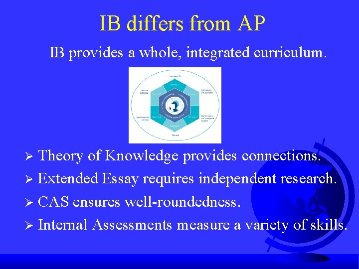 IB differs from AP IB provides a whole, integrated curriculum. Theory of Knowledge provides