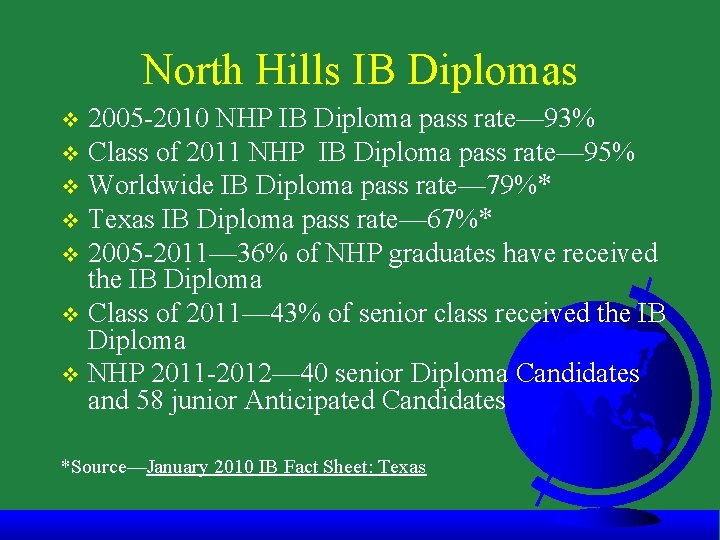 North Hills IB Diplomas 2005 -2010 NHP IB Diploma pass rate— 93% v Class