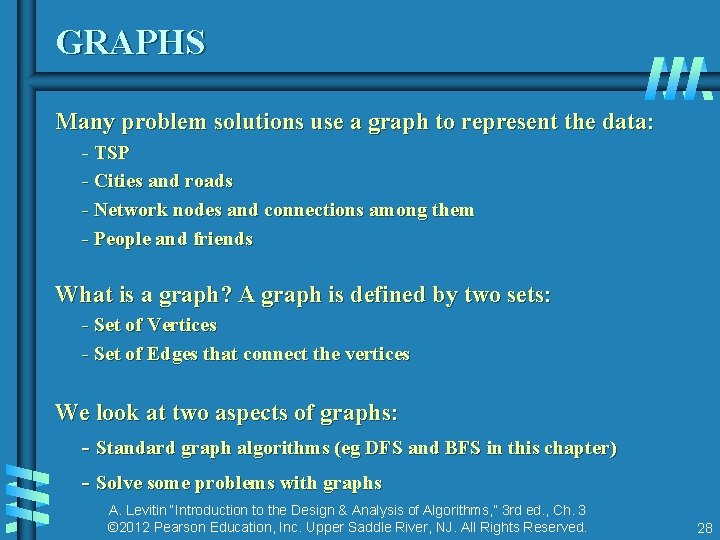 GRAPHS Many problem solutions use a graph to represent the data: - TSP -
