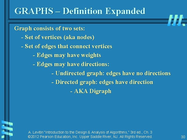 GRAPHS – Definition Expanded Graph consists of two sets: - Set of vertices (aka