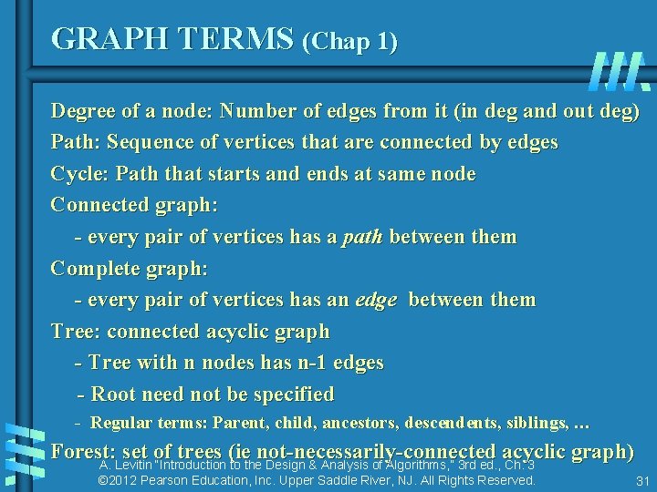 GRAPH TERMS (Chap 1) Degree of a node: Number of edges from it (in