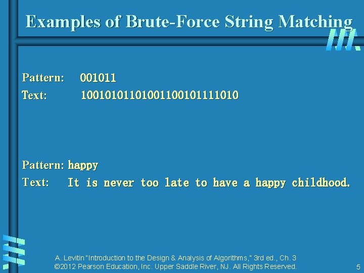 Examples of Brute-Force String Matching Pattern: 001011 Text: 1001010110100101111010 Pattern: happy Text: It is