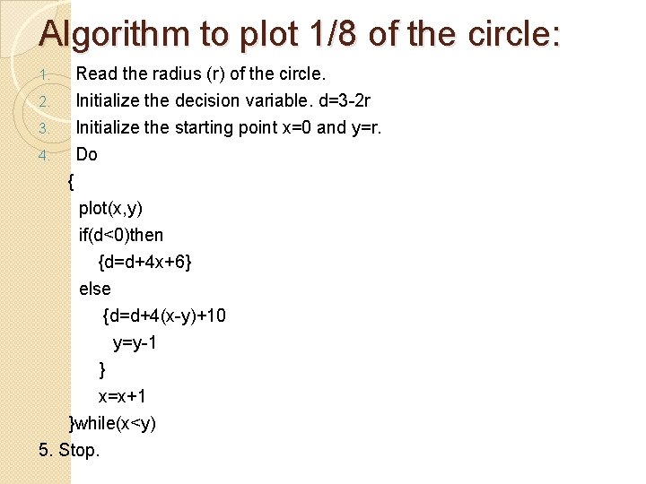 Algorithm to plot 1/8 of the circle: Read the radius (r) of the circle.