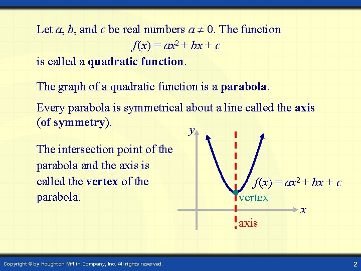 Let a, b, and c be real numbers a 0. The function f (x)