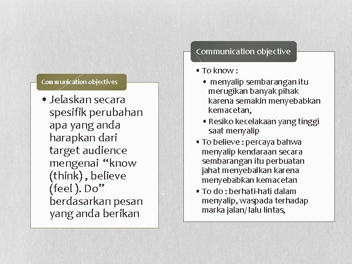 Communication objectives • Jelaskan secara spesifik perubahan apa yang anda harapkan dari target audience