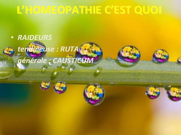 L’HOMEOPATHIE C’EST QUOI • RAIDEURS tendineuse : RUTA générale : CAUSTICUM 