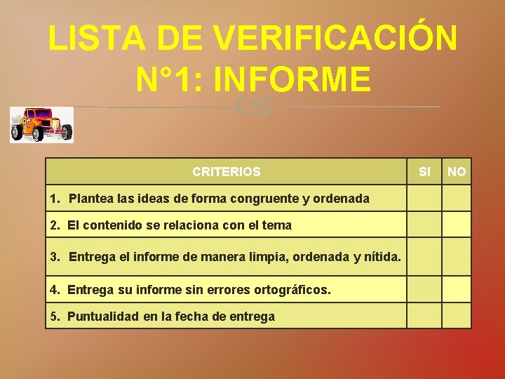 LISTA DE VERIFICACIÓN N° 1: INFORME CRITERIOS SI NO 1. Plantea las ideas de