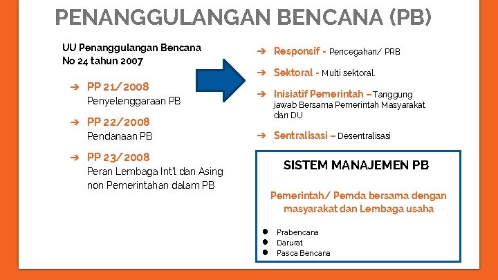 PENANGGULANGAN BENCANA (PB) UU Penanggulangan Bencana No 24 tahun 2007 ➔ Responsif - Pencegahan/