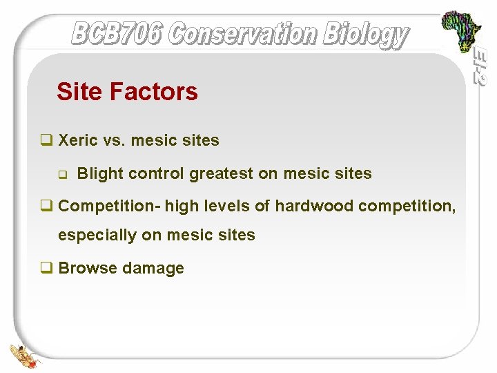 Site Factors q Xeric vs. mesic sites q Blight control greatest on mesic sites