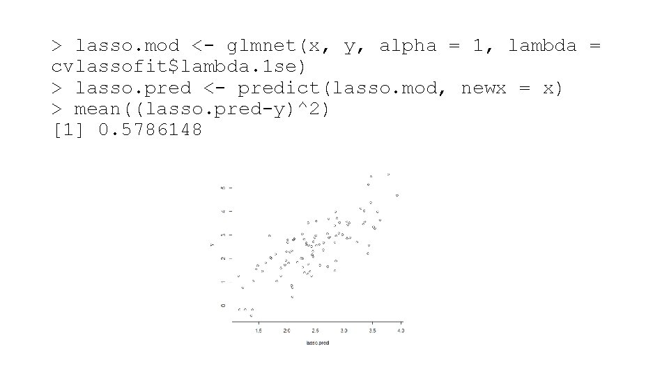 > lasso. mod <- glmnet(x, y, alpha = 1, lambda = cvlassofit$lambda. 1 se)