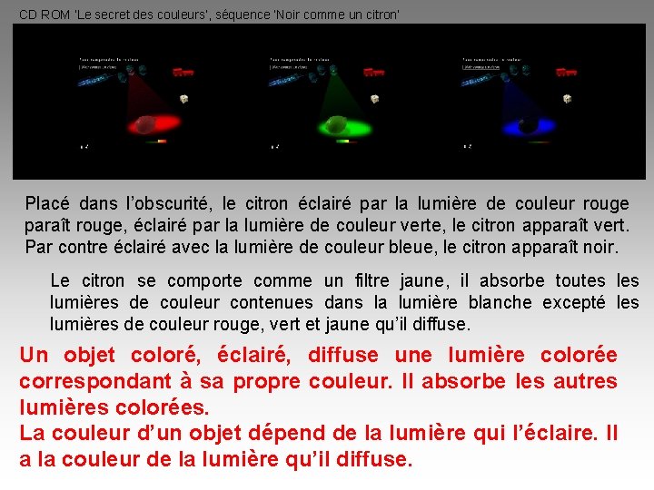 CD ROM ‘Le secret des couleurs’, séquence ‘Noir comme un citron’ Placé dans l’obscurité,