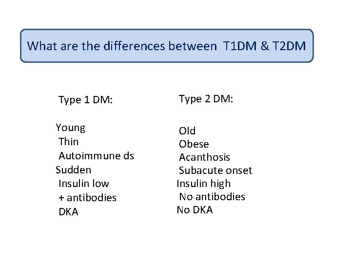 What are the differences between T 1 DM & T 2 DM Type 1