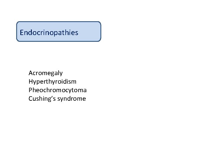 Endocrinopathies Acromegaly Hyperthyroidism Pheochromocytoma Cushing’s syndrome 