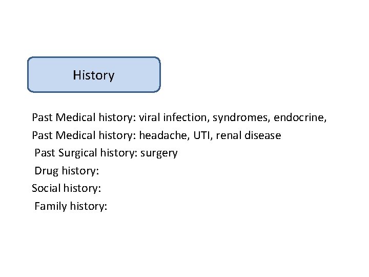 History Past Medical history: viral infection, syndromes, endocrine, Past Medical history: headache, UTI, renal