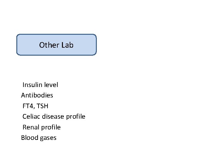 Other Lab Insulin level Antibodies FT 4, TSH Celiac disease profile Renal profile Blood
