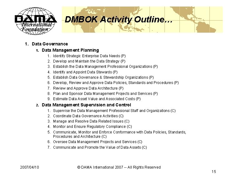 DMBOK Activity Outline… 1. Data Governance 1. Data Management Planning 1. 2. 3. 4.