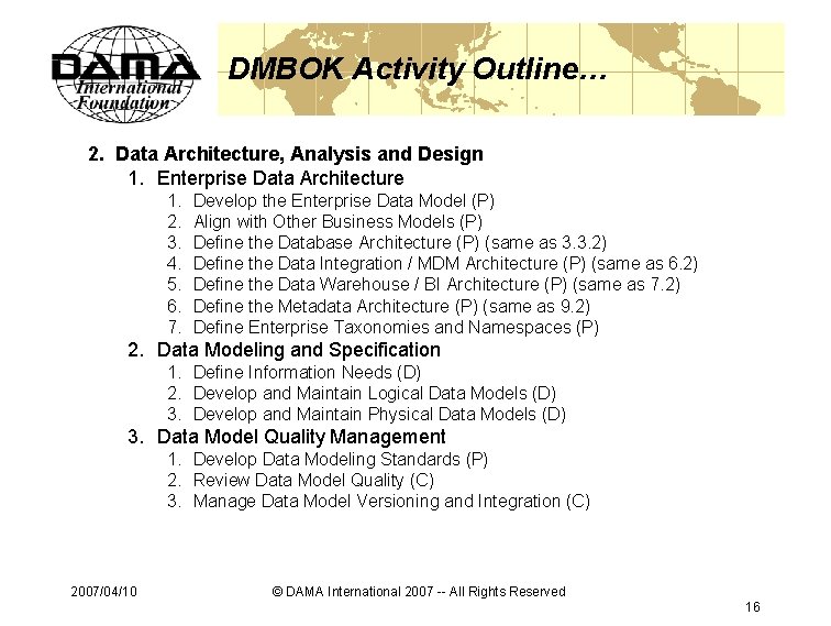 DMBOK Activity Outline… 2. Data Architecture, Analysis and Design 1. Enterprise Data Architecture 1.