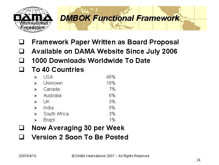 DMBOK Functional Framework q q Framework Paper Written as Board Proposal Available on DAMA