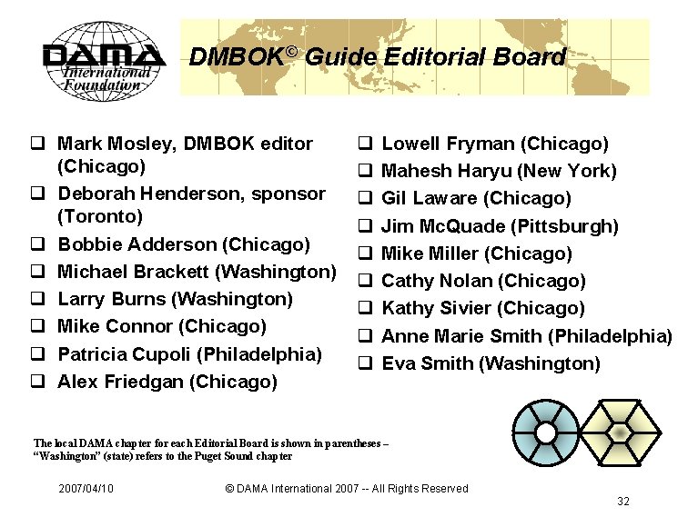 DMBOK© Guide Editorial Board q Mark Mosley, DMBOK editor (Chicago) q Deborah Henderson, sponsor
