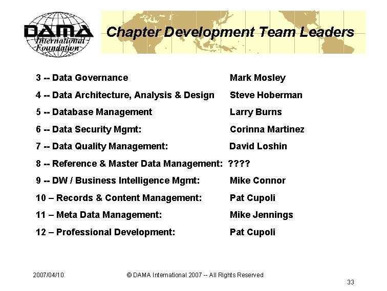 Chapter Development Team Leaders 3 -- Data Governance Mark Mosley 4 -- Data Architecture, Chapter Development Team Leaders 3 -- Data Governance Mark Mosley 4 -- Data Architecture,