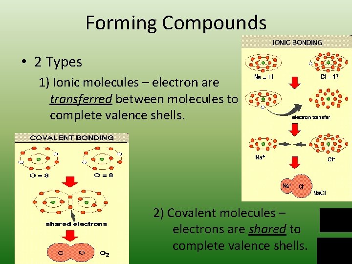 Forming Compounds • 2 Types 1) Ionic molecules – electron are transferred between molecules