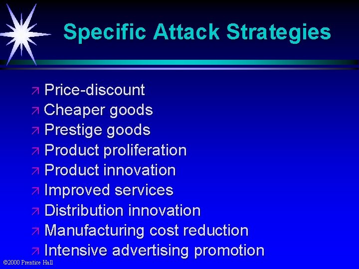 Specific Attack Strategies ä Price-discount ä Cheaper goods ä Prestige goods ä Product proliferation