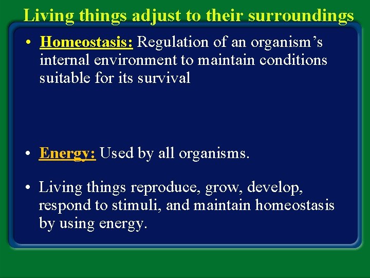 Living things adjust to their surroundings • Homeostasis: Regulation of an organism’s internal environment