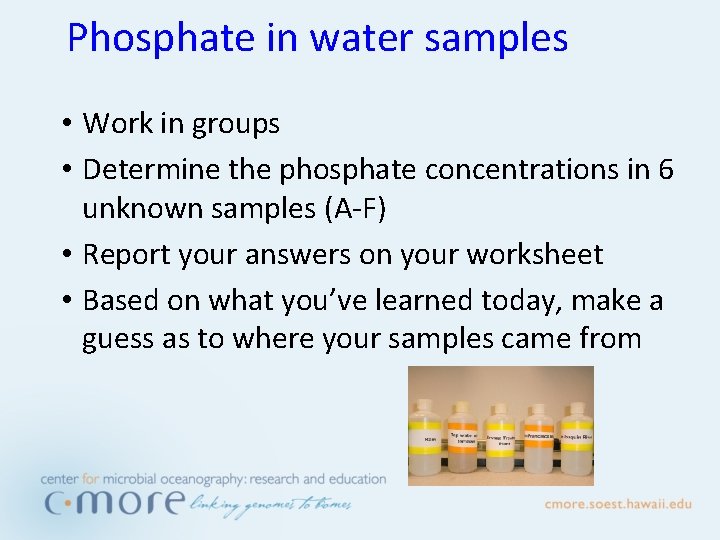 Phosphate in water samples • Work in groups • Determine the phosphate concentrations in