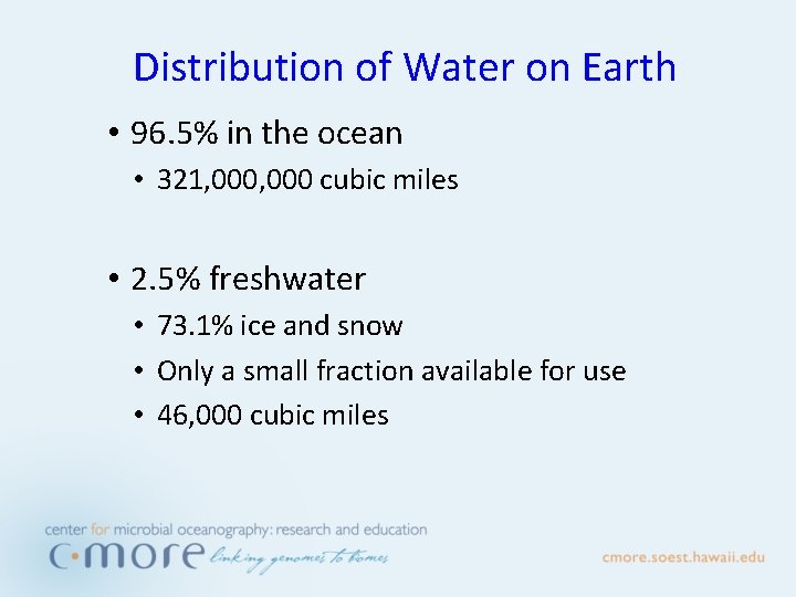 Distribution of Water on Earth • 96. 5% in the ocean • 321, 000