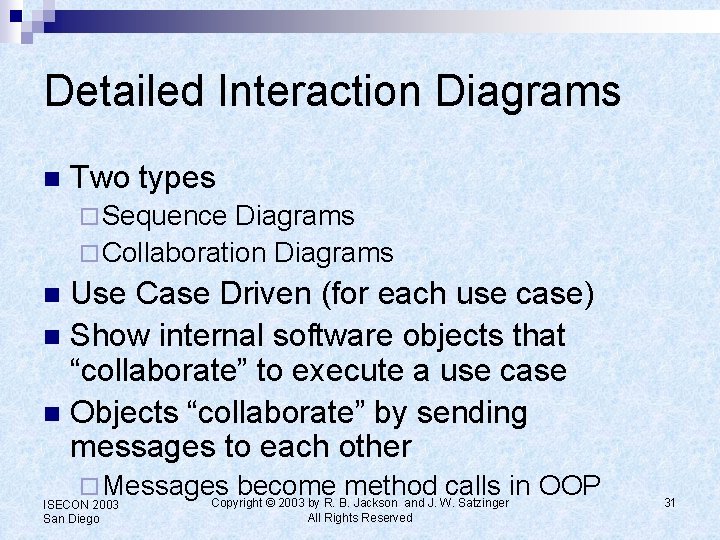 Detailed Interaction Diagrams n Two types ¨ Sequence Diagrams ¨ Collaboration Diagrams Use Case