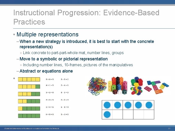 Instructional Progression: Evidence Based Practices • Multiple representations – When a new strategy is