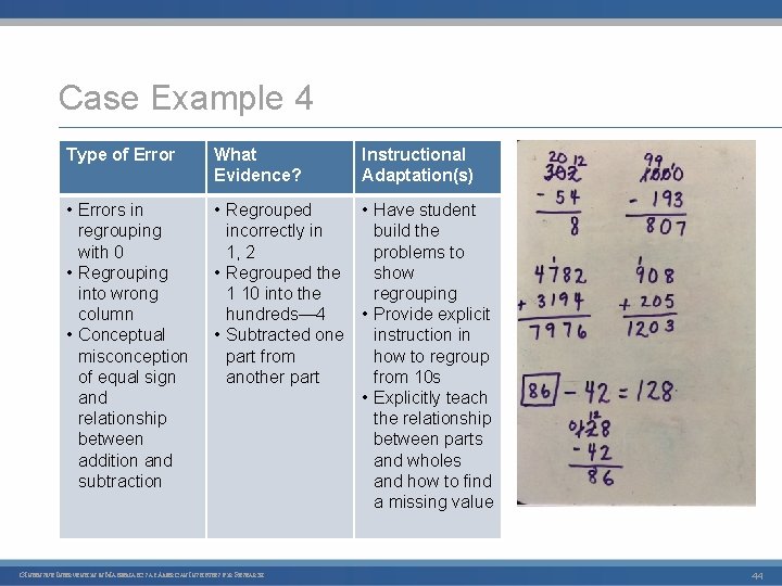 Case Example 4 Type of Error What Evidence? • Errors in regrouping with 0