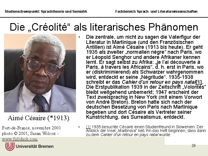 Studienschwerpunkt: Sprachtheorie und Semiotik Fachbereich Sprach- und Literaturwissenschaften Die „Créolité“ als literarisches Phänomen •
