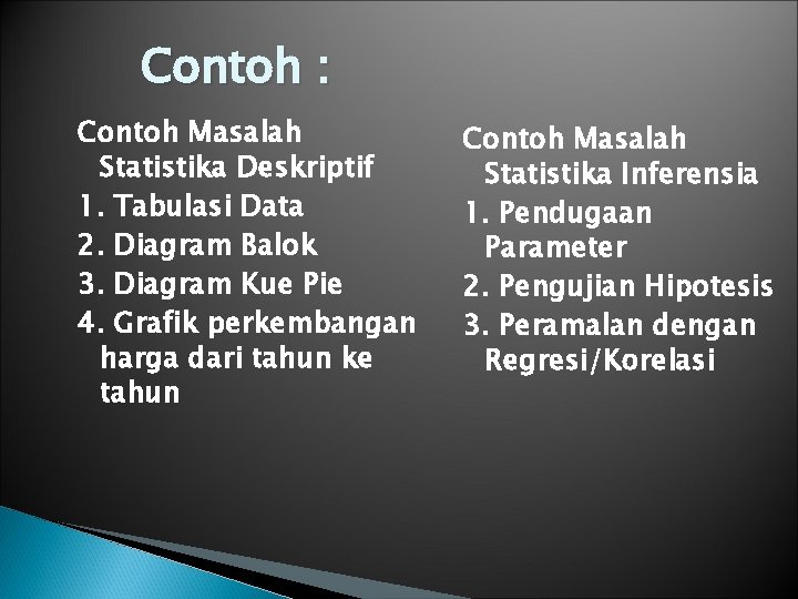 Contoh : Contoh Masalah Statistika Deskriptif 1. Tabulasi Data 2. Diagram Balok 3. Diagram