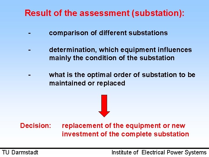 Result of the assessment (substation): - comparison of different substations - determination, which equipment