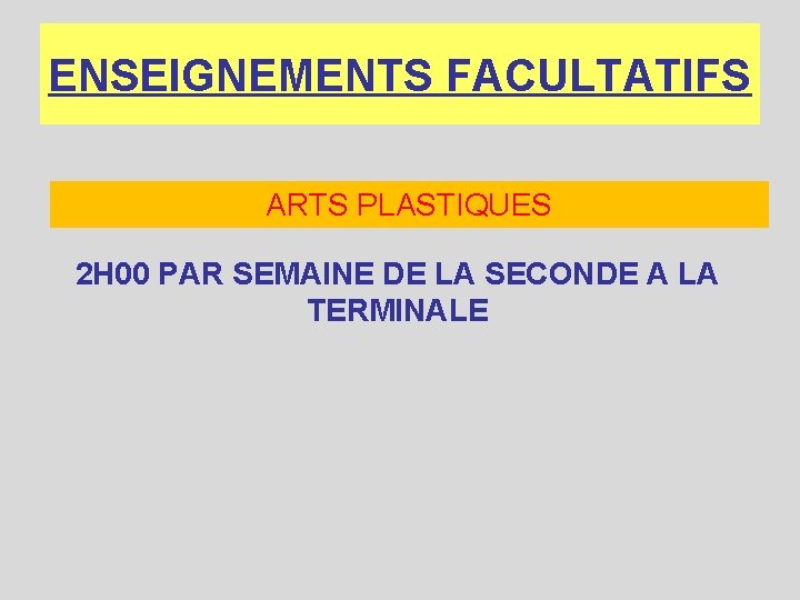ENSEIGNEMENTS FACULTATIFS ARTS PLASTIQUES 2 H 00 PAR SEMAINE DE LA SECONDE A LA