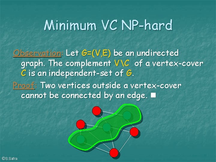 Minimum VC NP-hard Observation: Let G=(V, E) be an undirected graph. The complement VC