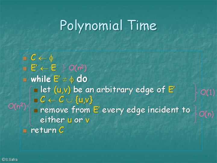 Polynomial Time C O(n 2) E’ E while E’ do let (u, v) be