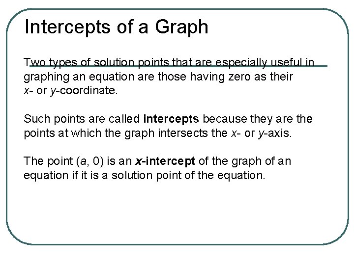 Intercepts of a Graph Two types of solution points that are especially useful in