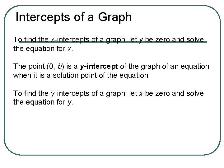 Intercepts of a Graph To find the x-intercepts of a graph, let y be