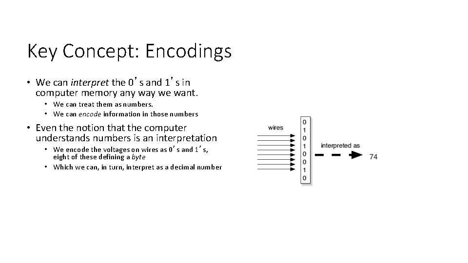 Key Concept: Encodings • We can interpret the 0’s and 1’s in computer memory