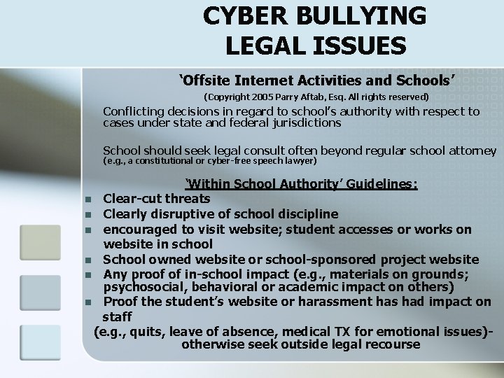 CYBER BULLYING LEGAL ISSUES ‘Offsite Internet Activities and Schools’ (Copyright 2005 Parry Aftab, Esq.