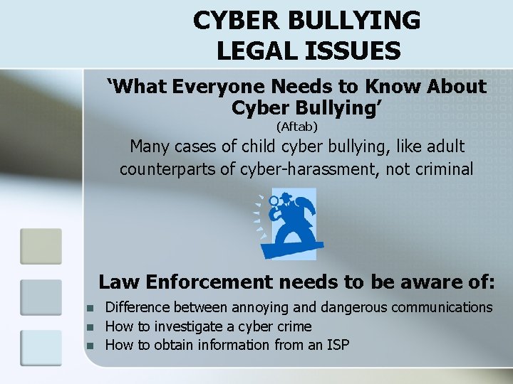 CYBER BULLYING LEGAL ISSUES ‘What Everyone Needs to Know About Cyber Bullying’ (Aftab) Many