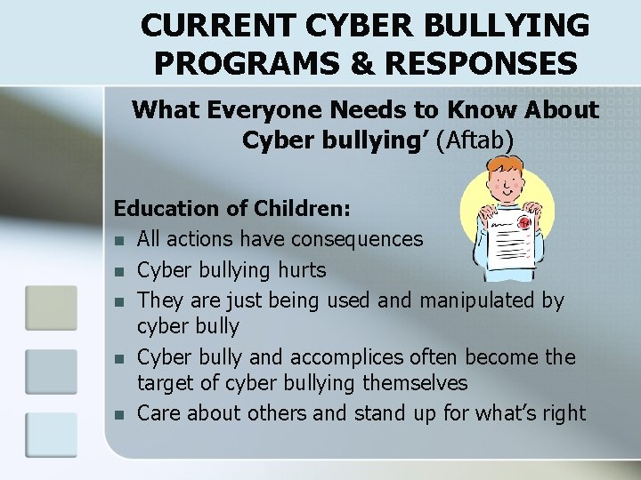 CURRENT CYBER BULLYING PROGRAMS & RESPONSES What Everyone Needs to Know About Cyber bullying’