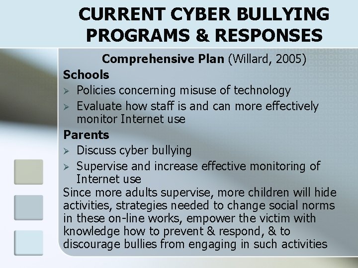 CURRENT CYBER BULLYING PROGRAMS & RESPONSES Comprehensive Plan (Willard, 2005) Schools Ø Policies concerning