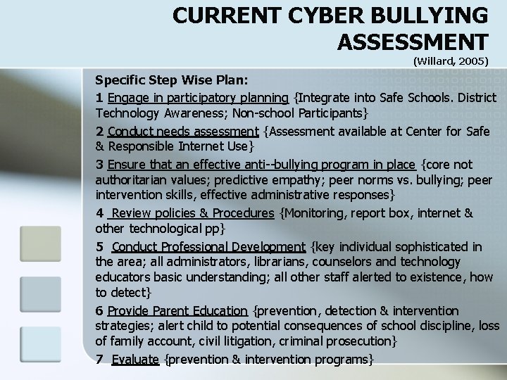 CURRENT CYBER BULLYING ASSESSMENT (Willard, 2005) Specific Step Wise Plan: 1 Engage in participatory