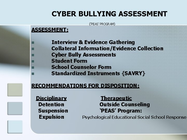 CYBER BULLYING ASSESSMENT {‘PEAS’ PROGRAM} ASSESSMENT: n n n Interview & Evidence Gathering Collateral