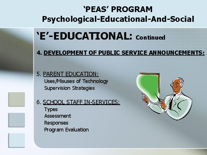 ‘PEAS’ PROGRAM Psychological-Educational-And-Social ‘E’-EDUCATIONAL: Continued 4. DEVELOPMENT OF PUBLIC SERVICE ANNOUNCEMENTS: 5. PARENT EDUCATION: