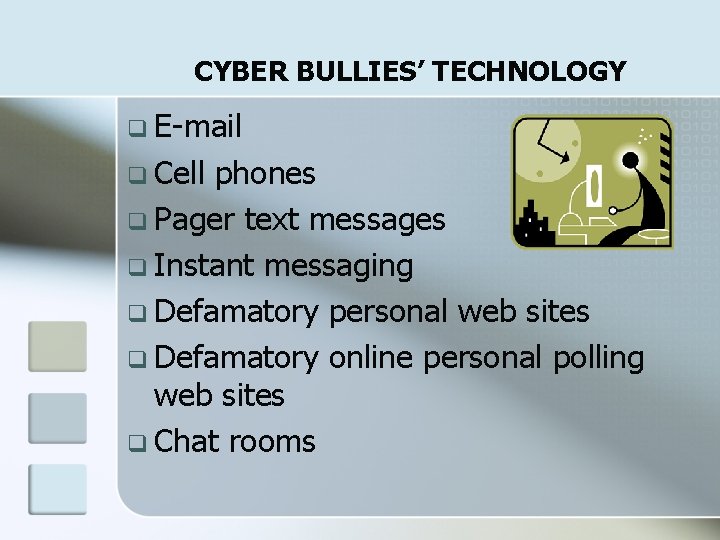 CYBER BULLIES’ TECHNOLOGY q E-mail q Cell phones q Pager text messages q Instant