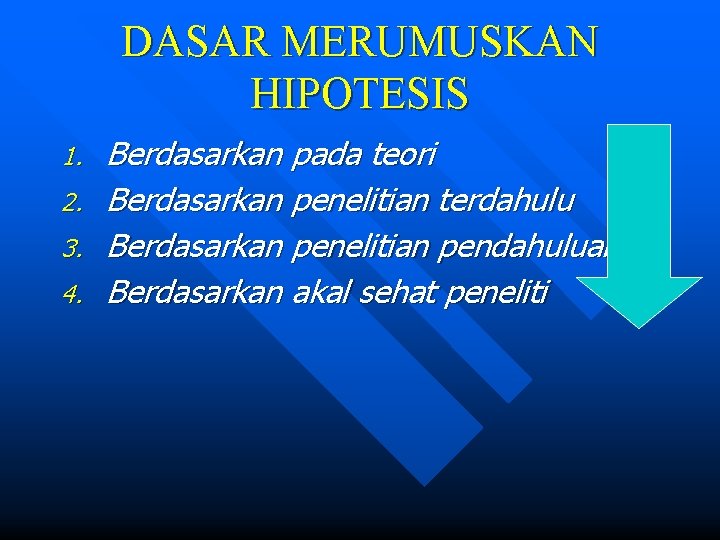 DASAR MERUMUSKAN HIPOTESIS 1. 2. 3. 4. Berdasarkan pada teori Berdasarkan penelitian terdahulu Berdasarkan